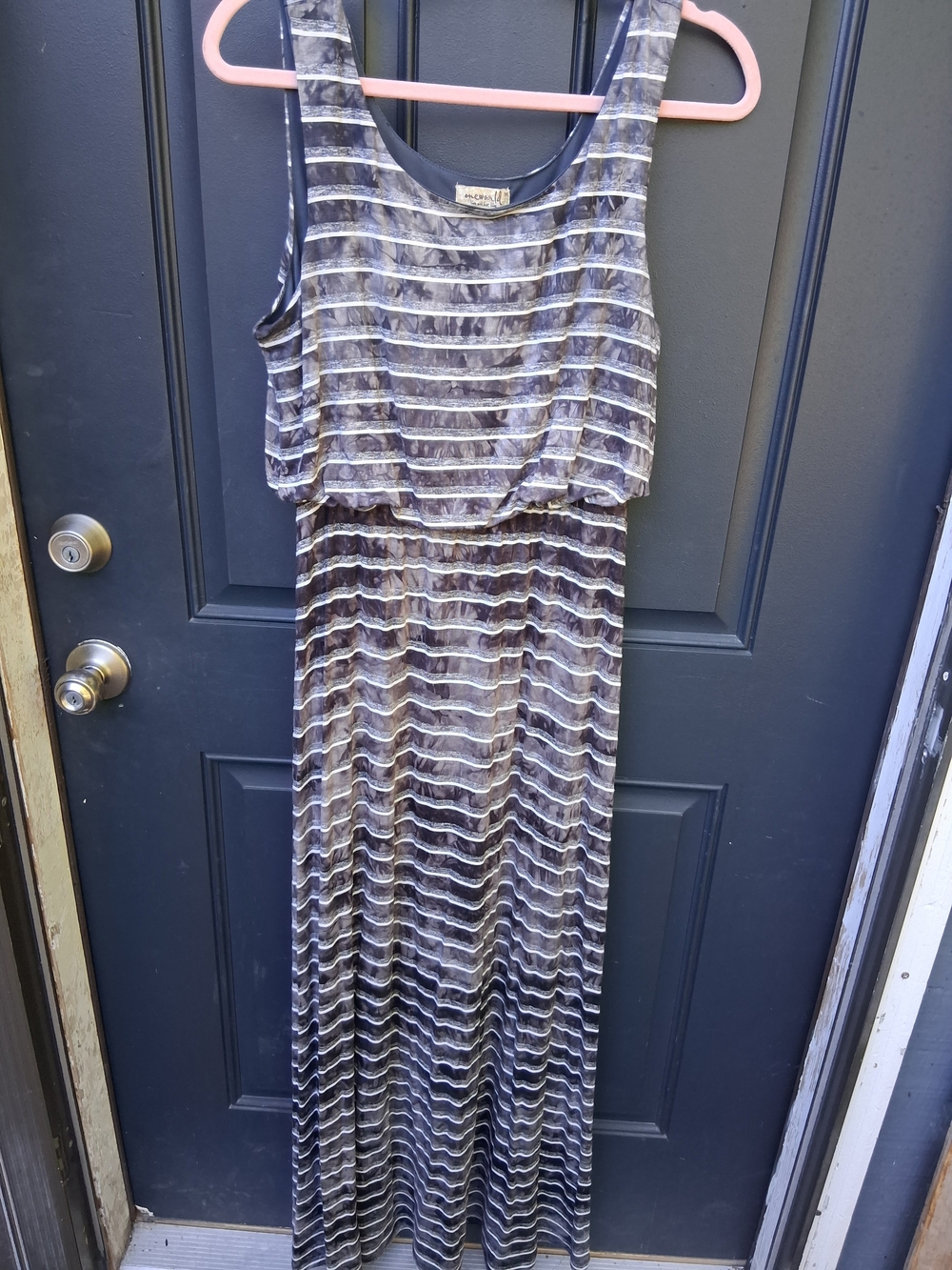 Akira Sleeveless Striped Maxi Dress in Navy Gray